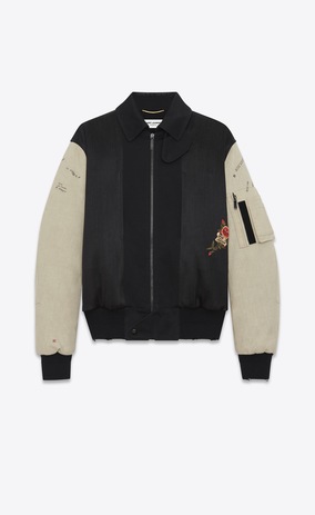 SAINT LAURENT Casual Jackets Man embroidered bomber jacket in black military cotton with off white sleeves a_V4